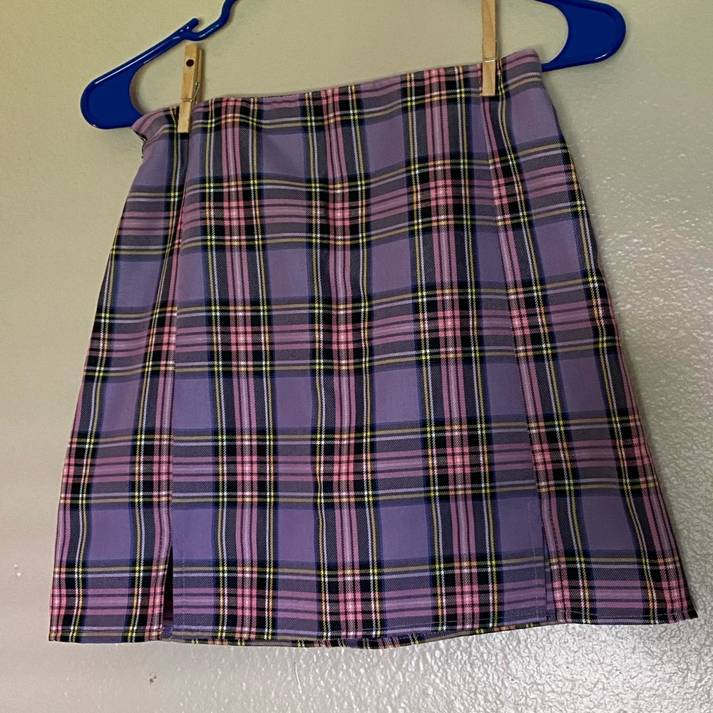 purple and pink plaid mini skirt
